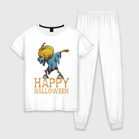 Женская пижама хлопок с принтом Happy Halloween , 100% хлопок | брюки и футболка прямого кроя, без карманов, на брюках мягкая резинка на поясе и по низу штанин | Тематика изображения на принте: dab | eyes | gesture | halloween | holiday | hype | pumpkin | rag | глаза | жест | праздник | рваньё | тыква | хайп | хэллоуин