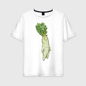 Женская футболка хлопок Oversize с принтом Милая редька , 100% хлопок | свободный крой, круглый ворот, спущенный рукав, длина до линии бедер
 | арт | зелень | мило | милота | овощ | овощи | редька | рисунок | свежие овощи | свежий овощ | свежий продукт
