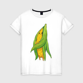 Женская футболка хлопок с принтом Милая кукурузка , 100% хлопок | прямой крой, круглый вырез горловины, длина до линии бедер, слегка спущенное плечо | арт | длинные волосы | кукуруза | мило | милота | овощ | овощи | рисунок | свежие овощи | свежий овощ | свежий продукт