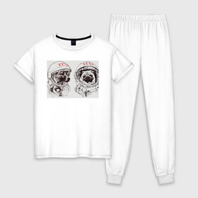 Женская пижама хлопок с принтом Собаки - космонавты , 100% хлопок | брюки и футболка прямого кроя, без карманов, на брюках мягкая резинка на поясе и по низу штанин | Тематика изображения на принте: в тренде. | космос | собаки | собаки на белом фоне | ссср