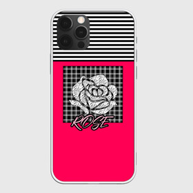 Чехол для iPhone 12 Pro с принтом Аппликация роза на клетчатом , силикон | область печати: задняя сторона чехла, без боковых панелей | Тематика изображения на принте: аппликация | детский | комбинированный | полосатый | пэчворк | роза | розовый | цветочный узор | черный и малиновый | яркий малиновый