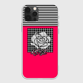 Чехол для iPhone 12 Pro Max с принтом Аппликация роза на клетчатом , Силикон |  | Тематика изображения на принте: аппликация | детский | комбинированный | полосатый | пэчворк | роза | розовый | цветочный узор | черный и малиновый | яркий малиновый