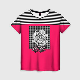 Женская футболка 3D с принтом Аппликация роза на клетчатом , 100% полиэфир ( синтетическое хлопкоподобное полотно) | прямой крой, круглый вырез горловины, длина до линии бедер | аппликация | детский | комбинированный | полосатый | пэчворк | роза | розовый | цветочный узор | черный и малиновый | яркий малиновый