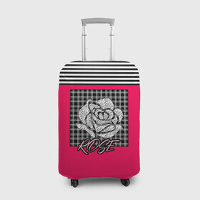 Чехол для чемодана 3D с принтом Аппликация роза на клетчатом , 86% полиэфир, 14% спандекс | двустороннее нанесение принта, прорези для ручек и колес | аппликация | детский | комбинированный | полосатый | пэчворк | роза | розовый | цветочный узор | черный и малиновый | яркий малиновый