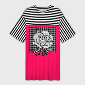 Платье-футболка 3D с принтом Аппликация роза на клетчатом ,  |  | аппликация | детский | комбинированный | полосатый | пэчворк | роза | розовый | цветочный узор | черный и малиновый | яркий малиновый
