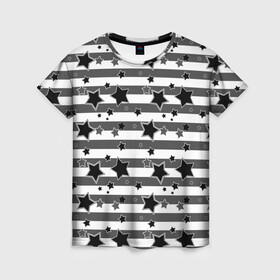 Женская футболка 3D с принтом Черно-белый полосатый узор  , 100% полиэфир ( синтетическое хлопкоподобное полотно) | прямой крой, круглый вырез горловины, длина до линии бедер | звезды | молодежный | мужской | популярный | серый | современный | черный и белый