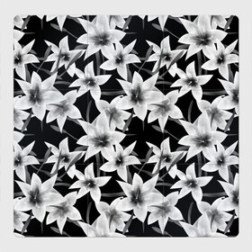 Магнитный плакат 3Х3 с принтом Лилии черно-белые  , Полимерный материал с магнитным слоем | 9 деталей размером 9*9 см | Тематика изображения на принте: белые лилии | лето | лилии | монохромный | современный | цветочный | цветы | черный и белый