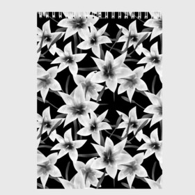 Скетчбук с принтом Лилии черно-белые  , 100% бумага
 | 48 листов, плотность листов — 100 г/м2, плотность картонной обложки — 250 г/м2. Листы скреплены сверху удобной пружинной спиралью | Тематика изображения на принте: белые лилии | лето | лилии | монохромный | современный | цветочный | цветы | черный и белый