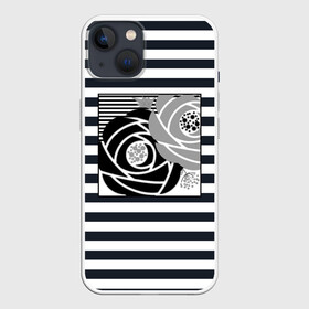 Чехол для iPhone 13 с принтом Аппликация розы на полосатом ,  |  | абстрактные розы | абстрактный узор | абстракция | белый | женский | серый | современный | черно  белый | черные розы