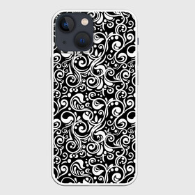 Чехол для iPhone 13 mini с принтом Черно белая роспись ,  |  | abstract | black and white | pattern | texture | абстрактный рисунок | абстракция | белый рисунок | белый узор | волнистый узор | завитки | круги | минимализм | монохром | орнамент | паттерн | роспись | текстура | узор