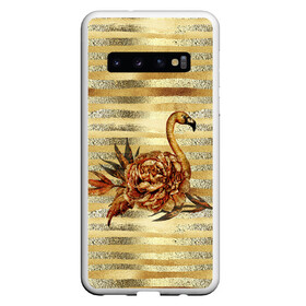 Чехол для Samsung Galaxy S10 с принтом Золотой фламинго и цветок , Силикон | Область печати: задняя сторона чехла, без боковых панелей | драгоценный | золотистый | золото | пион | полоски | птица | серебристый | серебро | фламинго | цветок | цветочный | цветы