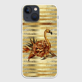 Чехол для iPhone 13 mini с принтом Золотой фламинго и цветок ,  |  | драгоценный | золотистый | золото | пион | полоски | птица | серебристый | серебро | фламинго | цветок | цветочный | цветы