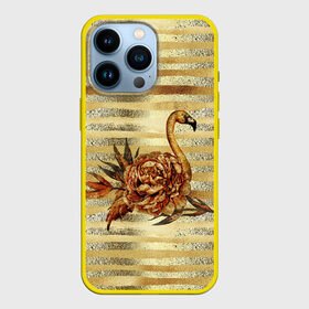 Чехол для iPhone 13 Pro с принтом Золотой фламинго и цветок ,  |  | Тематика изображения на принте: драгоценный | золотистый | золото | пион | полоски | птица | серебристый | серебро | фламинго | цветок | цветочный | цветы
