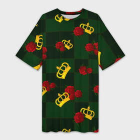 Платье-футболка 3D с принтом Короны и розы ,  |  | зеленая клетка | золото | квадрат | королева | король | корона | красный | полосы | роза | сетка | узор | цветок | шахматная доска | шахматы