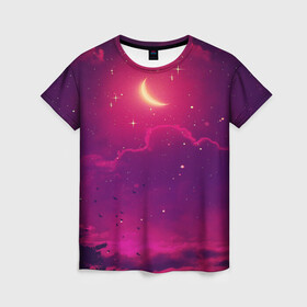 Женская футболка 3D с принтом СКАЗОЧНАЯ НОЧЬ 2 КРАСНЫЙ , 100% полиэфир ( синтетическое хлопкоподобное полотно) | прямой крой, круглый вырез горловины, длина до линии бедер | деревья | звёзды | космос | луна | мир | ночь | облака | птицы