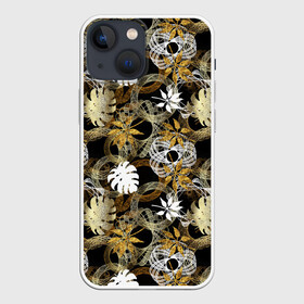 Чехол для iPhone 13 mini с принтом Листва, кружева и золото ,  |  | золотистый | золото | золотой | круги | кружева | кружево | кружки | листва | листочки | листы | листья | осенний | осень | узоры