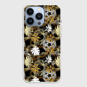 Чехол для iPhone 13 Pro с принтом Листва, кружева и золото ,  |  | золотистый | золото | золотой | круги | кружева | кружево | кружки | листва | листочки | листы | листья | осенний | осень | узоры