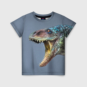 Детская футболка 3D с принтом Хищный динозавр | Dino (Z) , 100% гипоаллергенный полиэфир | прямой крой, круглый вырез горловины, длина до линии бедер, чуть спущенное плечо, ткань немного тянется | dino | dinosauria | дино | динозавр | парк юрского | хищный динозавр | чудовище | юрский период | ящер | ящерица