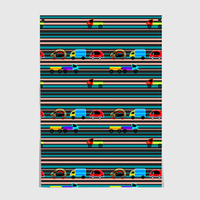 Постер с принтом Детский полосатый узор  , 100% бумага
 | бумага, плотность 150 мг. Матовая, но за счет высокого коэффициента гладкости имеет небольшой блеск и дает на свету блики, но в отличии от глянцевой бумаги не покрыта лаком | детские угрушки | детский паттерн | малышам | мальчиковый | машинки | полосатый | разноцветные полосы
