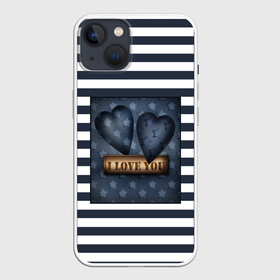 Чехол для iPhone 13 с принтом Я тебя люблю ,  |  | Тематика изображения на принте: влюбленным | для любимого | любовь | полосатый узор | ретро | сердце | синий | темно синий