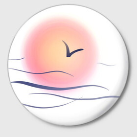 Значок с принтом Солнечный шар ,  металл | круглая форма, металлическая застежка в виде булавки | Тематика изображения на принте: sea | sun | закат | море | небо | птицы | солнце | чайки