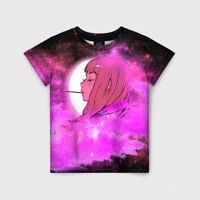 Детская футболка 3D с принтом Аниме Девушка | Розовый Космос , 100% гипоаллергенный полиэфир | прямой крой, круглый вырез горловины, длина до линии бедер, чуть спущенное плечо, ткань немного тянется | Тематика изображения на принте: anime | cloud | girl | japan | moon sky | pink | senpai | space | аниме | анимэ | девочка | девушка | космос | краска | кровь | луна | мульт | самурай | символ | тян | япония