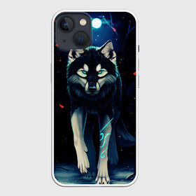 Чехол для iPhone 13 с принтом КРАСИВЫЙ ВОЛК ,  |  | Тематика изображения на принте: волк | деревья | зверь | лес | листя | луна | снег | хищник
