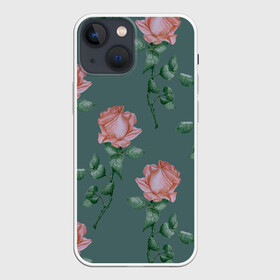 Чехол для iPhone 13 mini с принтом Красные розы на зеленом фоне ,  |  | 8 марта | flowers | march 8 | spring | ботаническая иллюстрация | весна | день рождения | зеленый | красный | лето | любовь | праздник | принт | природа | растения | роза | цветы