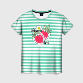 Женская футболка 3D с принтом Цветы и ягоды земляники  , 100% полиэфир ( синтетическое хлопкоподобное полотно) | прямой крой, круглый вырез горловины, длина до линии бедер | детский | зеленый | земляника | красный | малышам | полосатый | современный | цветы | ягодный паттерн | ягоды