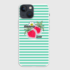 Чехол для iPhone 13 mini с принтом Цветы и ягоды земляники ,  |  | детский | зеленый | земляника | красный | малышам | полосатый | современный | цветы | ягодный паттерн | ягоды