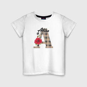Детская футболка хлопок с принтом Алфавит. Имена. Алиса  , 100% хлопок | круглый вырез горловины, полуприлегающий силуэт, длина до линии бедер | алфавит | буква а | детский | для девочки | женский | монограмма | цветок