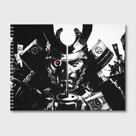 Альбом для рисования с принтом Самурай | ЧБ | Лого (+спина) (Z) , 100% бумага
 | матовая бумага, плотность 200 мг. | game | ghost of tsushim | jin sakai | ninja | samurai | the ghost of tsushima | буке | вакидзаси | воин | вояк | дайсё | дзин сакай | иайто | игра | катана | кодати | мононофу | мститель | мушя | ниндзя | нодати | одати | призрак цусимы | с