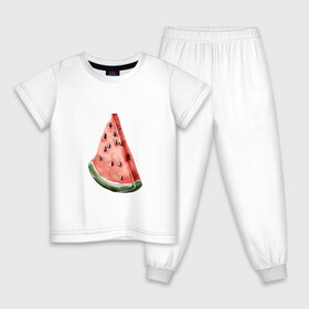 Детская пижама хлопок с принтом Долька арбуза  , 100% хлопок |  брюки и футболка прямого кроя, без карманов, на брюках мягкая резинка на поясе и по низу штанин
 | Тематика изображения на принте: black | green | object | read | арт | еда | иллюстрация | принт | ягода