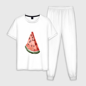 Мужская пижама хлопок с принтом Долька арбуза  , 100% хлопок | брюки и футболка прямого кроя, без карманов, на брюках мягкая резинка на поясе и по низу штанин
 | Тематика изображения на принте: black | green | object | read | арт | еда | иллюстрация | принт | ягода