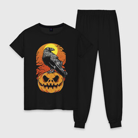 Женская пижама хлопок с принтом Ворон встречает праздник , 100% хлопок | брюки и футболка прямого кроя, без карманов, на брюках мягкая резинка на поясе и по низу штанин | eyes | halloween | holiday | jaw | moon | night | pumpkin | raven | smile | ворон | глаза | луна | ночь | пасть | праздник | тыква | улыбка | хэллоуин