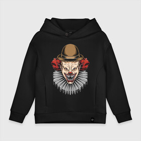 Детское худи Oversize хлопок с принтом The terrible clown , френч-терри — 70% хлопок, 30% полиэстер. Мягкий теплый начес внутри —100% хлопок | боковые карманы, эластичные манжеты и нижняя кромка, капюшон на магнитной кнопке | clown | eyes | fangs | halloween | hat | holiday | horror | jabot | jaw | muzzle | nose | глаза | жабо | клоун | клыки | нос | пасть | праздник | ужас | хэллоуин | шляпа