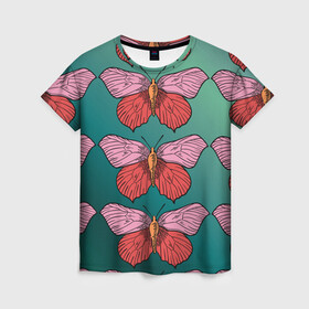 Женская футболка 3D с принтом Зеленый принт с бабочками :) , 100% полиэфир ( синтетическое хлопкоподобное полотно) | прямой крой, круглый вырез горловины, длина до линии бедер | бабочки | градиент | графический | грустный | зеленый | меланхолия | насекомые | ретро | розовый | странный