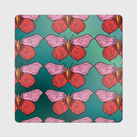 Магнит виниловый Квадрат с принтом Зеленый принт с бабочками :) , полимерный материал с магнитным слоем | размер 9*9 см, закругленные углы | бабочки | градиент | графический | грустный | зеленый | меланхолия | насекомые | ретро | розовый | странный