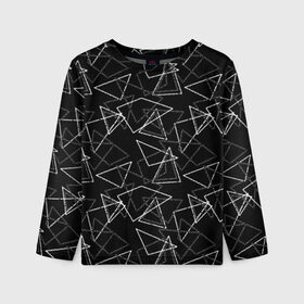 Детский лонгслив 3D с принтом Черно-белый геометрический  , 100% полиэстер | длинные рукава, круглый вырез горловины, полуприлегающий силуэт
 | абстрактный | геометрические фигуры | монохромный | мужской | треугольники | черный и белый | черный фон