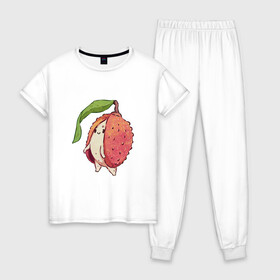Женская пижама хлопок с принтом Личи , 100% хлопок | брюки и футболка прямого кроя, без карманов, на брюках мягкая резинка на поясе и по низу штанин | арт | личи | мило | милота | рисунок | свежие фрукты | свежий продукт | свежий фрукт | фрукт | фрукты