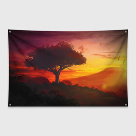 Флаг-баннер с принтом СОЛНЦЕ НАД АФРИКОЙ , 100% полиэстер | размер 67 х 109 см, плотность ткани — 95 г/м2; по краям флага есть четыре люверса для крепления | африка | дерево | живопись | облака | пейзаж | рассвет | рисунок | саванна