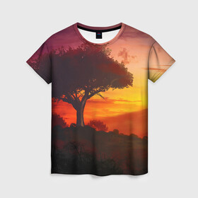 Женская футболка 3D с принтом СОЛНЦЕ НАД АФРИКОЙ , 100% полиэфир ( синтетическое хлопкоподобное полотно) | прямой крой, круглый вырез горловины, длина до линии бедер | африка | дерево | живопись | облака | пейзаж | рассвет | рисунок | саванна