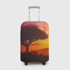 Чехол для чемодана 3D с принтом СОЛНЦЕ НАД АФРИКОЙ , 86% полиэфир, 14% спандекс | двустороннее нанесение принта, прорези для ручек и колес | Тематика изображения на принте: африка | дерево | живопись | облака | пейзаж | рассвет | рисунок | саванна