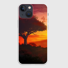 Чехол для iPhone 13 mini с принтом СОЛНЦЕ НАД АФРИКОЙ ,  |  | африка | дерево | живопись | облака | пейзаж | рассвет | рисунок | саванна