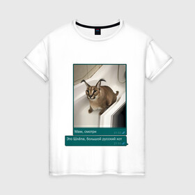 Женская футболка хлопок с принтом Шлёпа , 100% хлопок | прямой крой, круглый вырез горловины, длина до линии бедер, слегка спущенное плечо | каракал | кот | мемы | русский кот | рысь | шлёпа