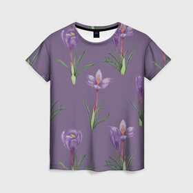 Женская футболка 3D с принтом Цветы шафрана на фиолетовом , 100% полиэфир ( синтетическое хлопкоподобное полотно) | прямой крой, круглый вырез горловины, длина до линии бедер | 8 марта | flowers | march 8 | spring | ботаническая иллюстрация | весна | день рождения | зеленый | лето | любовь | праздник | принт | природа | растения | фиолетовый | цветы | шафран