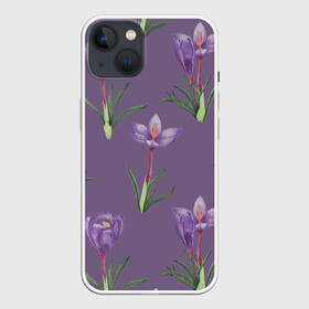 Чехол для iPhone 13 с принтом Цветы шафрана на фиолетовом ,  |  | 8 марта | flowers | march 8 | spring | ботаническая иллюстрация | весна | день рождения | зеленый | лето | любовь | праздник | принт | природа | растения | фиолетовый | цветы | шафран