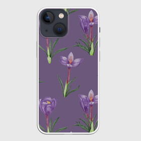 Чехол для iPhone 13 mini с принтом Цветы шафрана на фиолетовом ,  |  | 8 марта | flowers | march 8 | spring | ботаническая иллюстрация | весна | день рождения | зеленый | лето | любовь | праздник | принт | природа | растения | фиолетовый | цветы | шафран