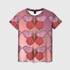 Женская футболка 3D с принтом Розовый принт с бабочками  , 100% полиэфир ( синтетическое хлопкоподобное полотно) | прямой крой, круглый вырез горловины, длина до линии бедер | бабочки | градиент | грустый | меланхолия | мотылек | насекомые | розовый | цветочки