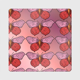 Магнит виниловый Квадрат с принтом Розовый принт с бабочками  , полимерный материал с магнитным слоем | размер 9*9 см, закругленные углы | бабочки | градиент | грустый | меланхолия | мотылек | насекомые | розовый | цветочки